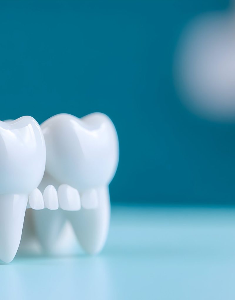 Closeup of White Teeth Model with Dental Instrument on Teal Background